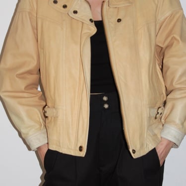 Vintage Sand Leather Bomber Jacket