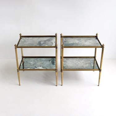 Pair of Vintage French Maison Jansen Two Tier Brass Side Tables with Églomisé Glass Mirrored Trays Neoclassical Style 1970s 