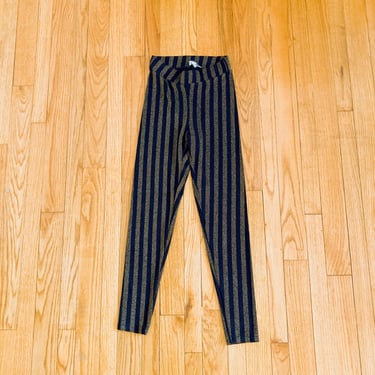 80s Metallic Leggings with Lurex Black and Gold Vertical Stripes | Small 