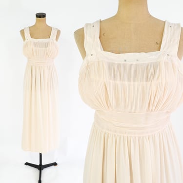 1940s Beige Rhinestone Studded Nightgown | 40s Pale Peach Nightgown  | Small 
