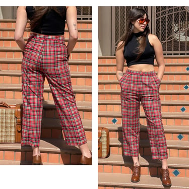 70s 80s High Waist Red Plaid Golf Trousers Preppy school girl pants 