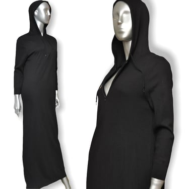Vintage Black Sweatshirt Dress with Hood 90’s Long Leisure Wear Dress M/L 
