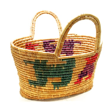 VINTAGE: LARGE South American Indian Coiled Baskets with Handles - Hand Woven and Hand Dyed Basket - Coiled Tray - SKU 27-A-000010080 