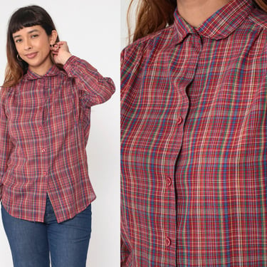 70s Plaid Shirt Red Tartan Button Up Checkered Print Shirt Preppy Collared 1970s Top Long Sleeve Vintage Multicolored Blue Green Small S 