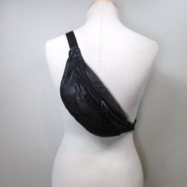 Black Patchwork Leather Fanny Pack Vintage Money Pouch Belly Bag Waist Wallet Festival Purse Hip Pack Crossbody Bum Bag w/ Adjustable Strap 