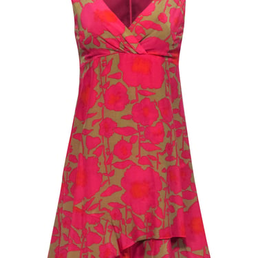 Nanette Lepore -Hot Pink & Olive Poppy Floral Print Sleeveless Dress Sz 6
