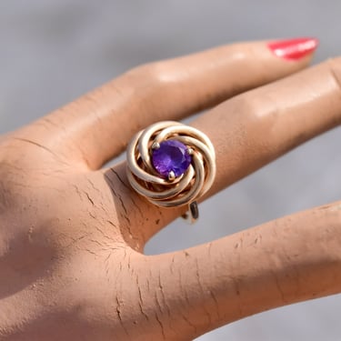 Modernist 14K Amethyst Cocktail Ring, Round Yellow Gold Spiral Ring, February Birthstone, Estate Jewelry, 6 1/4 US 