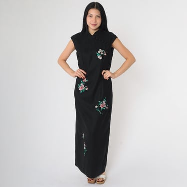 Vintage Asian Style Dress 90s Black Floral Embroidered Cheongsam Maxi Dress Party Boho Mandarin Collar Cocktail Cap Sleeve 1990s Medium 8 