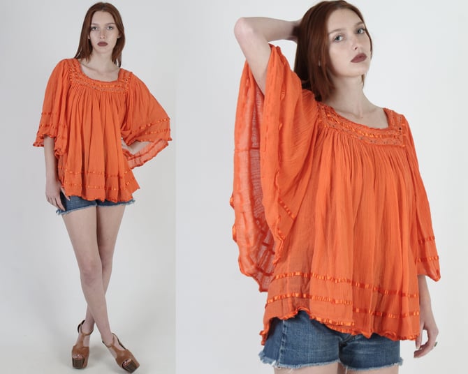 Orange Gauze Mini Dress / Lightweight Thin Kimono Sleeves Dress / Vintage Crochet Lace Angel Sleeve Top / Solid Color Sheer Beach Cover Up 