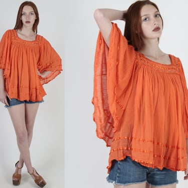 Orange Gauze Mini Dress / Lightweight Thin Kimono Sleeves Dress / Vintage Crochet Lace Angel Sleeve Top / Solid Color Sheer Beach Cover Up 