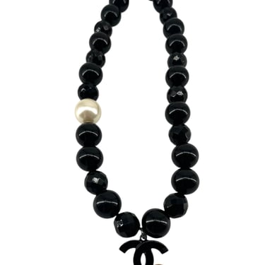 CHANEL 2005 Black Resin Bead & Faux Pearl Monogram Logo Necklace