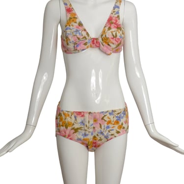 1960s Floral Cotton 2pc Swimsuit, Size-6