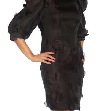 1980S Black Haute Couture Silk Gazzar Polka Dot Appliqué Cocktail Dress 