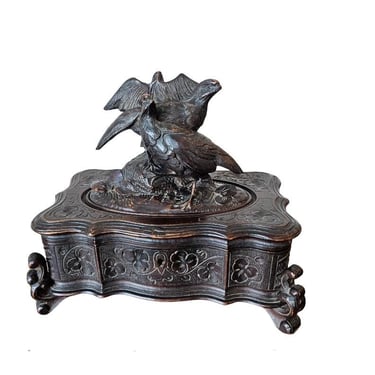 Antique Swiss Black Forest Carved Wood Table Box Jewelry Casket with Bird Sculpture 19th Century 