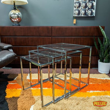 Set of 3 vintage chrome and glass nesting tables
