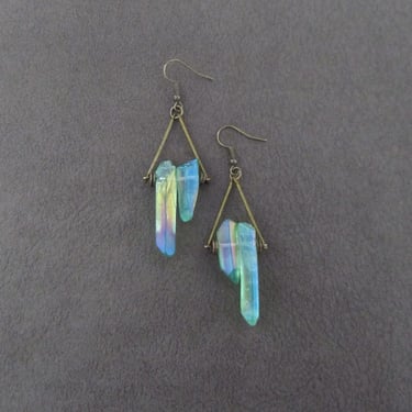 Raw quartz green crystal earrings, rustic boho chic earrings, unique geode, bronze 