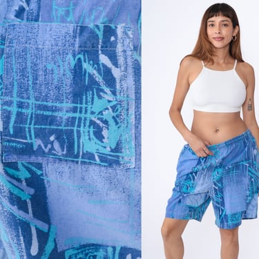 90s Shorts Blue Abstract Brushstroke Print Beach Shorts Cotton Elastic Waist Wide Leg Retro Baggy Summer Casual Vintage 1990s Extra Large xl 