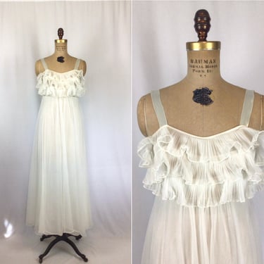 Vintage 50s nightgown | Vintage white chiffon nightdress | 1950s ruffle top negligee 