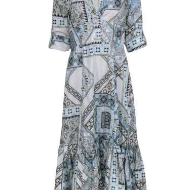 Etro - White, Blue, & Beige Print Crop Sleeve Maxi Dress Sz 10