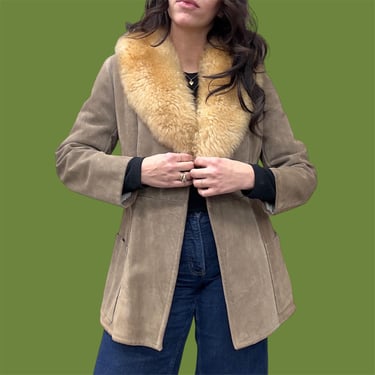 Vintage Coat Retro 1970s Womens + No Size + Penny Lane + Shearling Lining and Collar + Suede Leather + Dusty Greyish Brown + Outerwear 