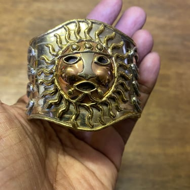 Vintage Brass Cuff Bracelet with Sun Design 
