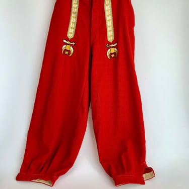 1940's Masonic Shriners Trousers - Red Wool Gabardine - Embroidery Details - Button Fly - Slash & Concealed Watch Pocket - 32 Inch Waist 