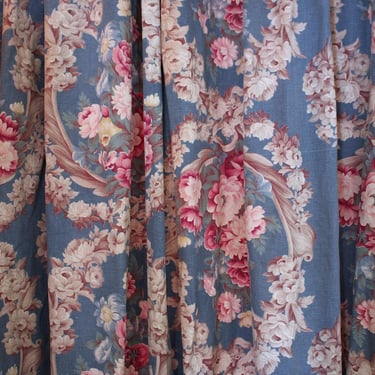 Vintage Bark Cloth Large Full Length Curtain Panel with Roses 83" X 45" 