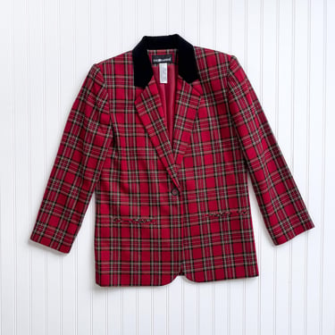 red plaid jacket 90s vintage red black wool velvet collar blazer 