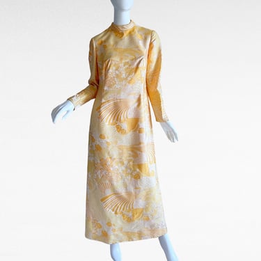 50s Brocade Japanese Pastel Evening Dress, Tapestry Flowers Fans Maxi Gown Medium 