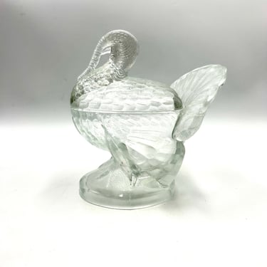 L E Smith Clear Glass Turkey Shaped Candy Dish, Thanksgiving Dish, Bowl with Lid, Vintage Glassware 