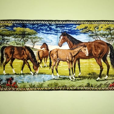 Midcentury wall hanging. Horses in the paddock. Pastoral scene. 