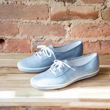 denim tennis shoes | 80s 90s vintage light blue jean Keds style casual sneakers size 9 
