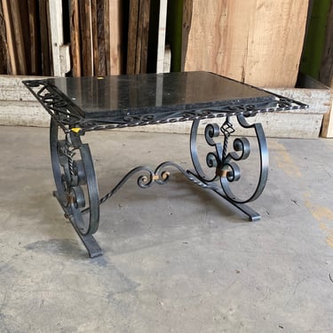 Wrought Iron Coffee Table with Granite Top and Scrolled Base