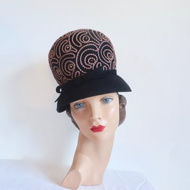 Vintage 1960's Black Felt Bubble Hat Small Brim Taupe Embroidered Soutache Trim Brass Studs Mod Style 60's Millinery Fall Winter Jo-Ben 