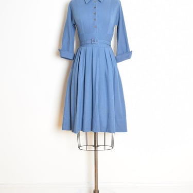 vintage 50s dress blue knit Bobbie Brooks fit n flare shirtwaist secretary XS clothing 