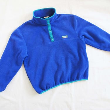 Vintage 90s LL Bean T Snap Fleece Pullover M - Blue Turquoise Color block 1990s Tall Mock Neck Collared Fleece Jumper - Made in USA 