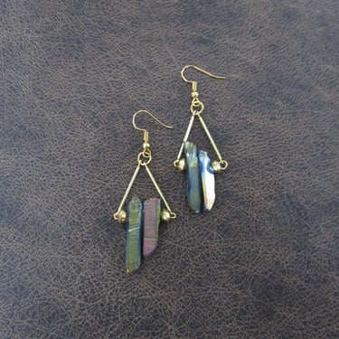 Raw quartz teal crystal earrings gold 