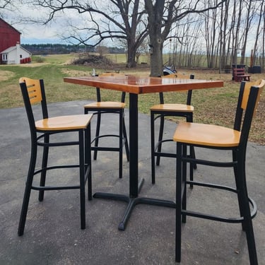 Tall Table and Four Stools. Restaurant Quality Rectangular Red Cedar Top Pedestal Table with four 30