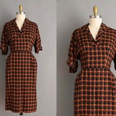 Vintage 1950s Dress | Textured Black & Orange Cotton Shirtwaist Pencil Skirt Dress | Small Medium 