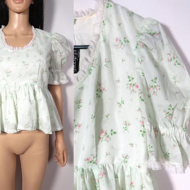 Vintage 70s Mint Floral Reworked Peplum Puff Sleeve Babydoll Top Size S 