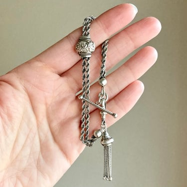 Antique 8” Sterling Silver Albertina Watch Chain Bracelet T Bar Tassel Dog Clip 