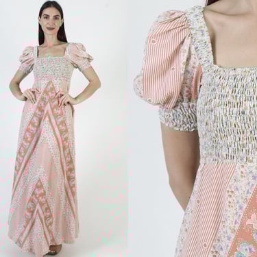 Vintage Jody T Patchwork Dress, 70s Smocked Sundress, Rustic Bohemian Maxi, Tag Size 11 