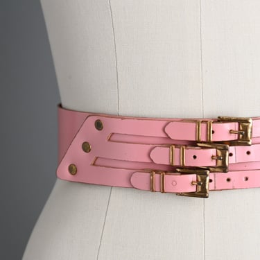 vintage 1950s belt | Pink Triple Buckle Leather Belt | XS Small 