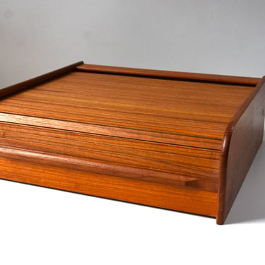 Vintage Danish Modern Teak Tambour Roll Top Desk Organizer Box - 14