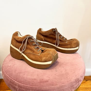 Vintage 90s Y2K 2000s L.E.I. Platform Sneakers Brown Suede Chunky Leather Tennis Shoes Size 10 Club Kid Raver Punk Shoes 1990s 