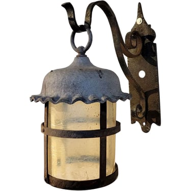 1925 Antique European Style Patinated Iron, White Cylinder Fiberglass Shade Hooded Round Lantern One Light Hanging Sconce Bracket Fixture 