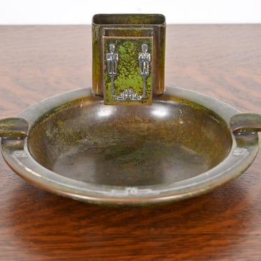 Heintz Arts & Crafts Sterling Silver on Bronze Ashtray With Matchstick and Matchbox Holders