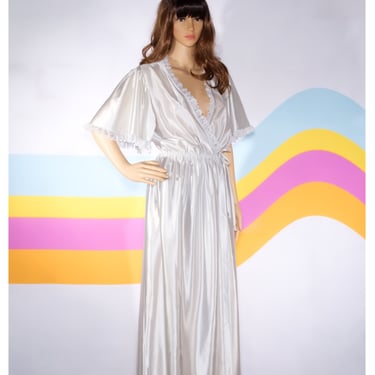 Vintage 1970s Flutter Sleeve Satin Robe | Medium | i-11 