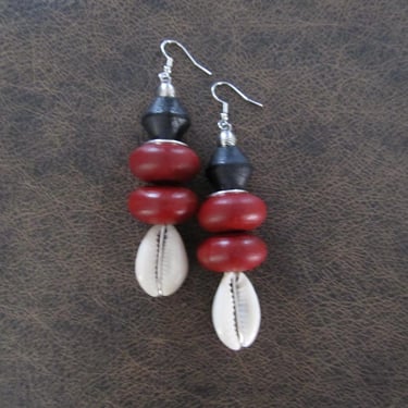 Bold chunky cowrie shell and red wooden earrings 