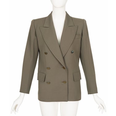 Yves Saint Laurent 1980s Vintage Olive Brown Wool Gabardine Double-Breasted Blazer 